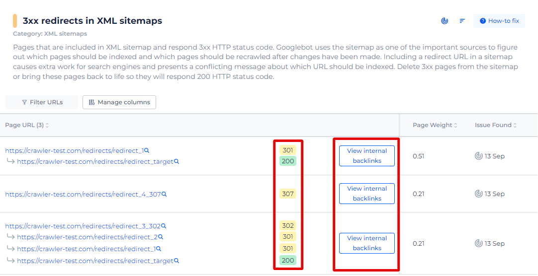 3xx Redirects in XML Sitemap Page List